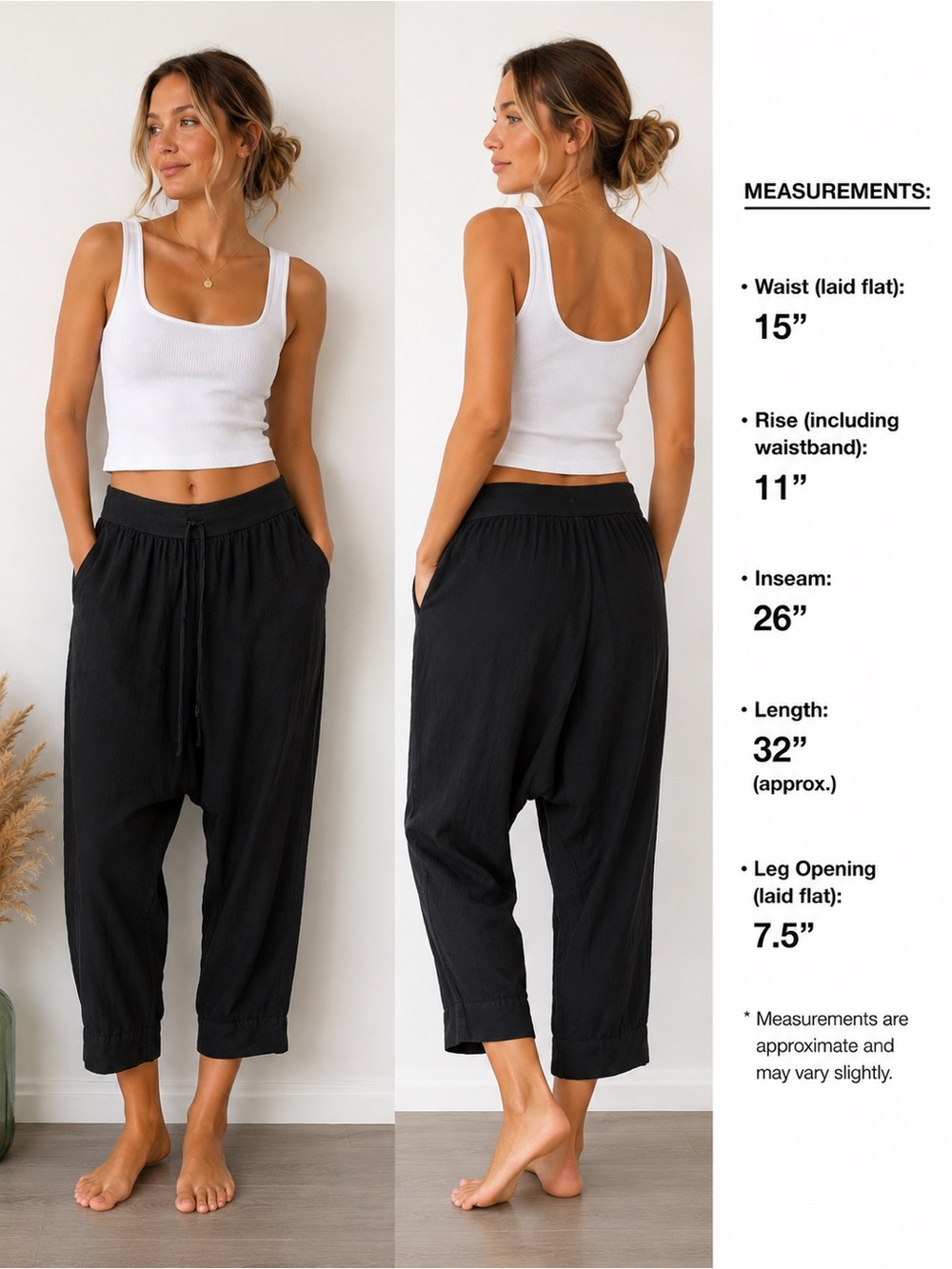 FLAX Black 100% Linen Harem Crop Pants Women’s Size S Made in Lithuania Elastic